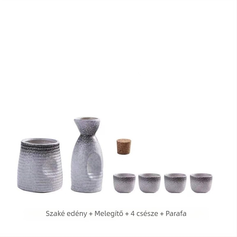 Japán stílusú szaké készlet vintage dékanterrel, melegítővel és csészékkel otthoni használatra