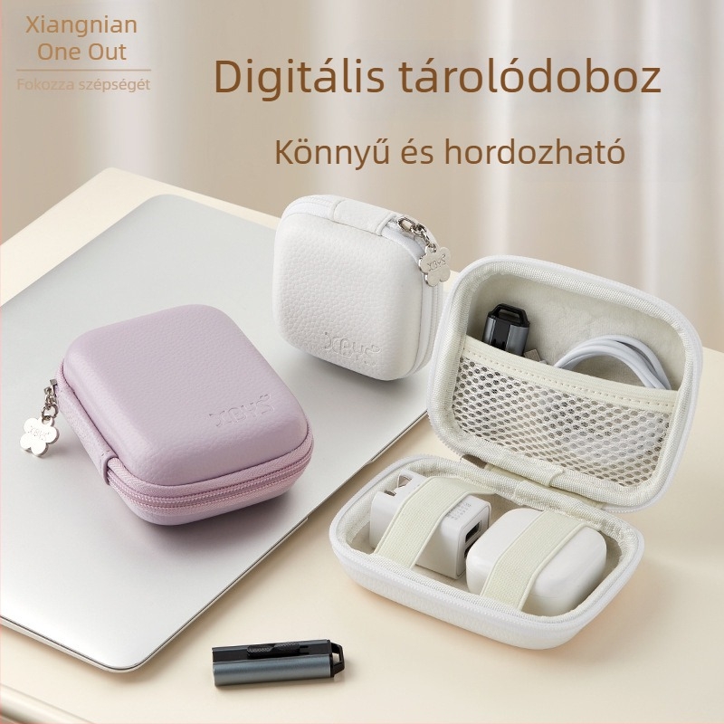 Merev védőtok digitális kiegészítőkhöz: kábel- és töltő rendező, USB-meghajtó és fejhallgató tároló.