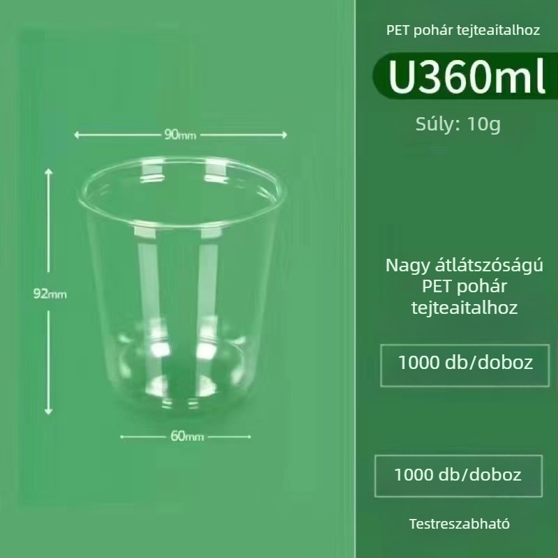 Egyszer használatos, átlátszó PET U-formájú pohár, 90 mm-es átmérővel, 301–400 ml kapacitású, tej-tea, kávé és hideg italok számára, csomagoláshoz