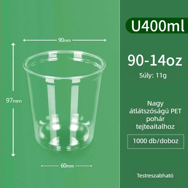 Egyszer használatos, átlátszó PET U-formájú pohár, 90 mm-es átmérővel, 301–400 ml kapacitású, tej-tea, kávé és hideg italok számára, csomagoláshoz