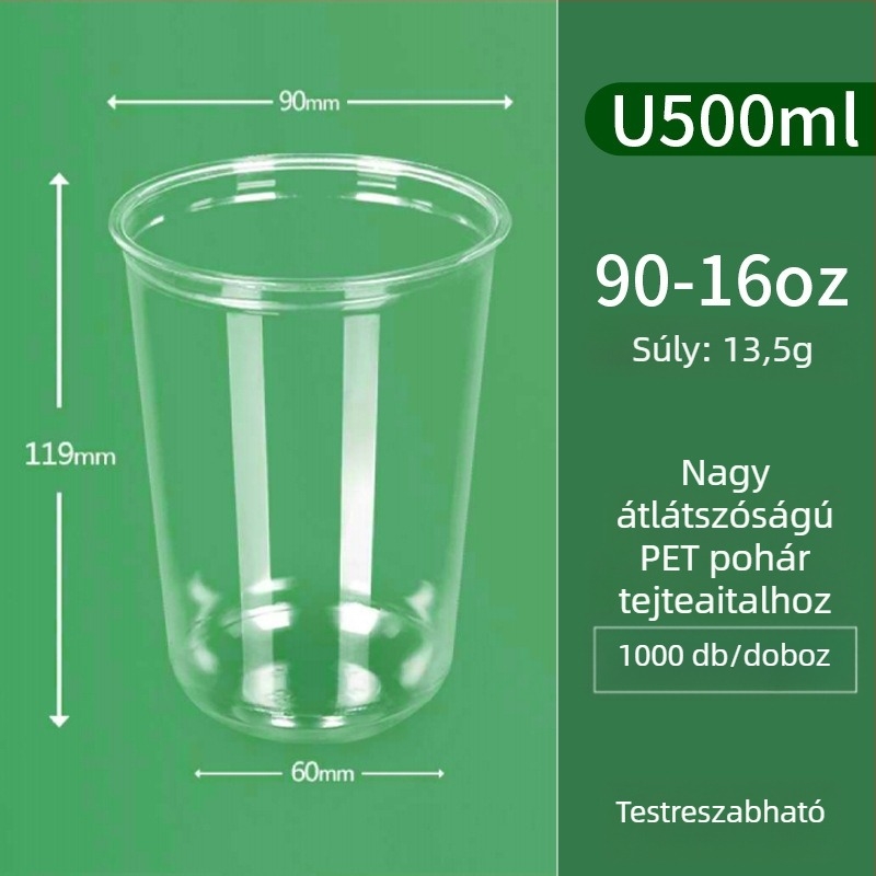 Egyszer használatos, átlátszó PET U-formájú pohár, 90 mm-es átmérővel, 301–400 ml kapacitású, tej-tea, kávé és hideg italok számára, csomagoláshoz