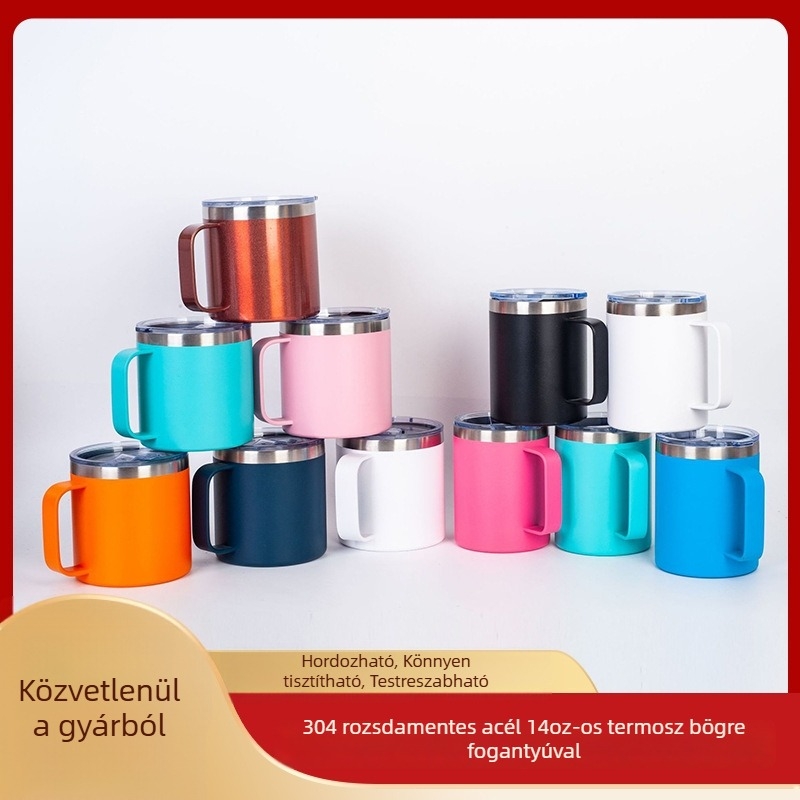 Rozsdamentes acélból készült utazó bögre fogantyúval, 12 oz, vákuum-duplafalú termosz irodai kávéhoz