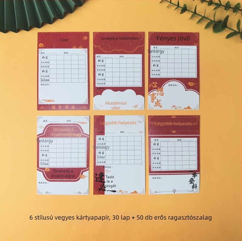 Közép- és általános iskolás diákok számára készült tanulási célfal kártyák, vizsgaeredmény-célkártyákkal
