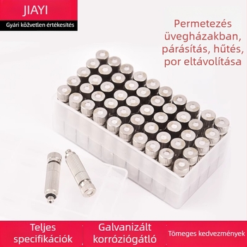 Magasnyomású atomizálófej rozsdamentes acélból, szilárd konstrukcióval — hűtésre a fóliasátorban és párásításra a textilgépeknél, műhelyek pormentesítésére.