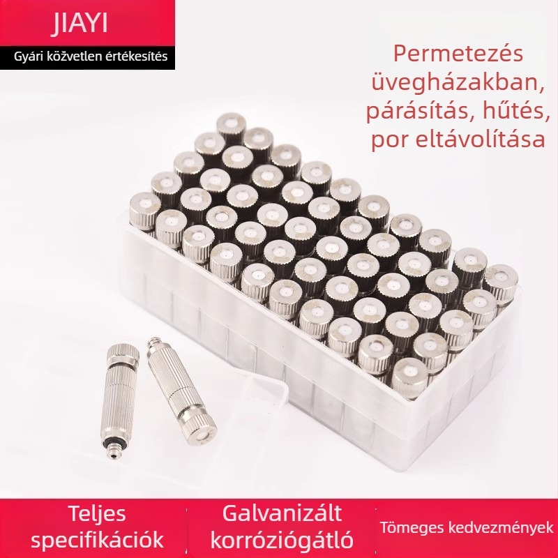 Magasnyomású atomizálófej rozsdamentes acélból, szilárd konstrukcióval — hűtésre a fóliasátorban és párásításra a textilgépeknél, műhelyek pormentesítésére.