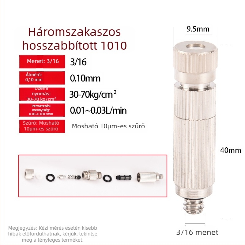 Magasnyomású atomizálófej rozsdamentes acélból, szilárd konstrukcióval — hűtésre a fóliasátorban és párásításra a textilgépeknél, műhelyek pormentesítésére.