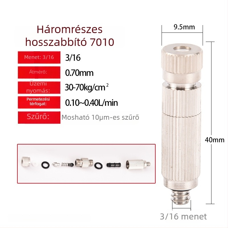 Magasnyomású atomizálófej rozsdamentes acélból, szilárd konstrukcióval — hűtésre a fóliasátorban és párásításra a textilgépeknél, műhelyek pormentesítésére.