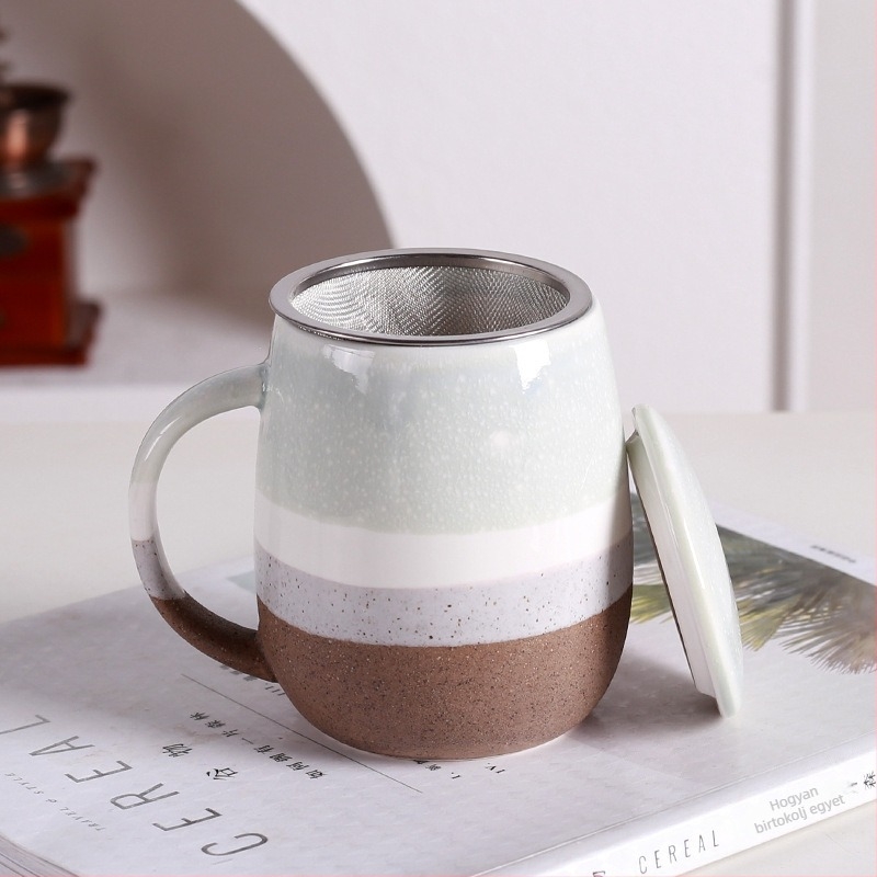 Kerámiából készült tea–víz elválasztó bögre, nagy kapacitású, otthoni és kollégiumi reggelire, fedővel, elegáns ajándék.