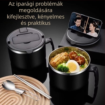 Rozsdamentes acélból készült instant tészta tál, nagy kapacitás, diákszálláshoz, japán stílusú, kétfunkciós ebédes tál fedővel