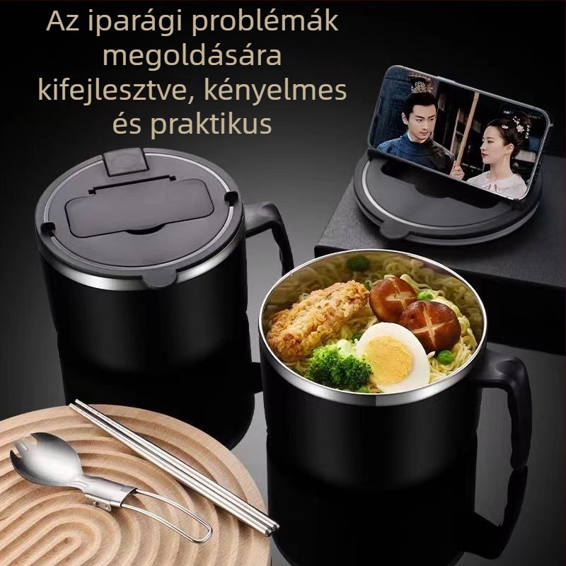 Rozsdamentes acélból készült instant tészta tál, nagy kapacitás, diákszálláshoz, japán stílusú, kétfunkciós ebédes tál fedővel