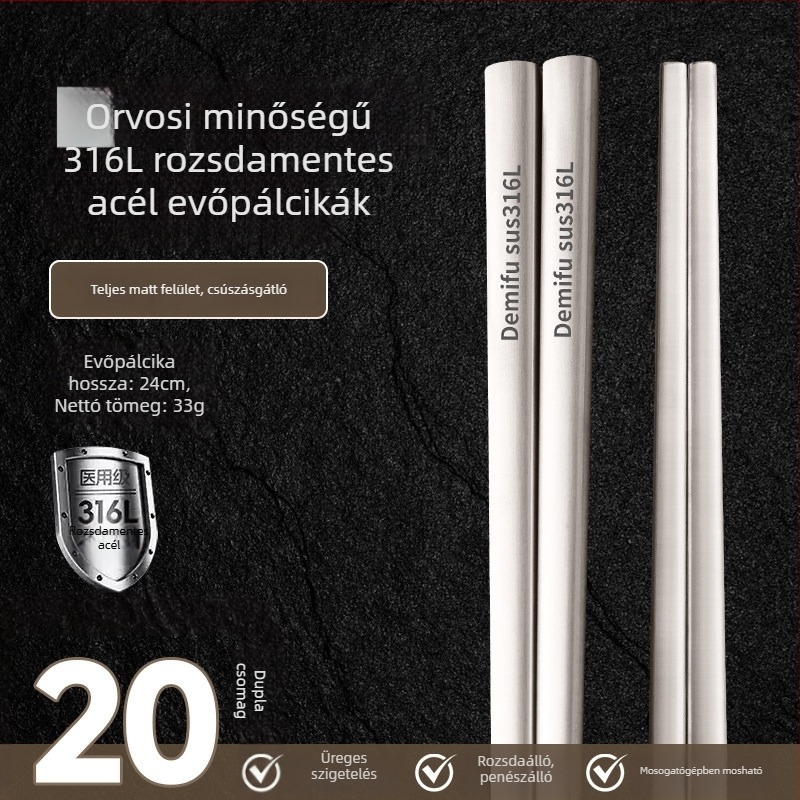 316L rozsdamentes acél evőpálcikák otthoni használatra, magas minőség, antibakteriális, penészálló, családi használatra, luxus érzet, prémium megjelenés, csúszásmentes