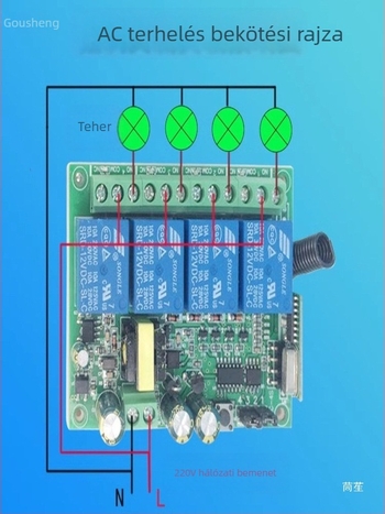 4 csatornás vezeték nélküli kapcsoló tanuló üzemmóddal, AC12V/24V/220V/380V feszültségekhez, ütésálló kivitel, 4 gomb, pillanatnyi működés