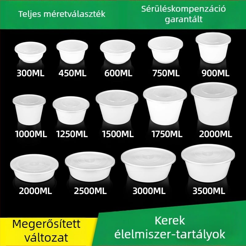Kerek egyszer használatos tál PP-ből, tejfehér, átlátszó ételtartó, injekcióval formált, 300–900 ml, levesekhez és tésztafélékhez