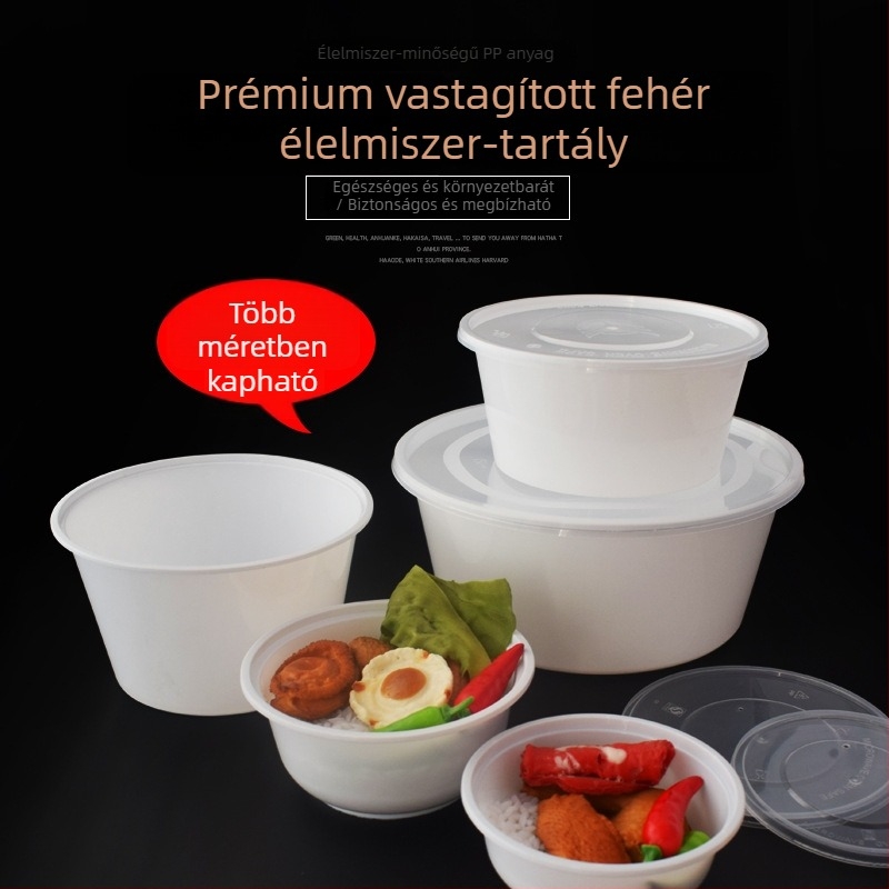 Kerek egyszer használatos tál PP-ből, tejfehér, átlátszó ételtartó, injekcióval formált, 300–900 ml, levesekhez és tésztafélékhez