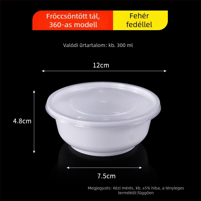 Kerek egyszer használatos tál PP-ből, tejfehér, átlátszó ételtartó, injekcióval formált, 300–900 ml, levesekhez és tésztafélékhez