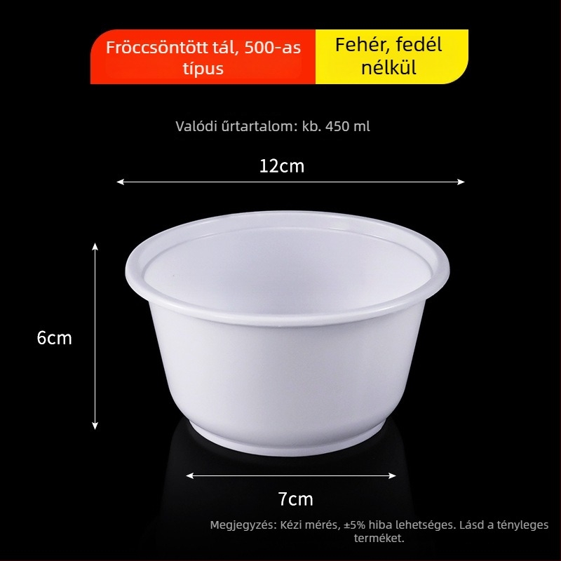 Kerek egyszer használatos tál PP-ből, tejfehér, átlátszó ételtartó, injekcióval formált, 300–900 ml, levesekhez és tésztafélékhez