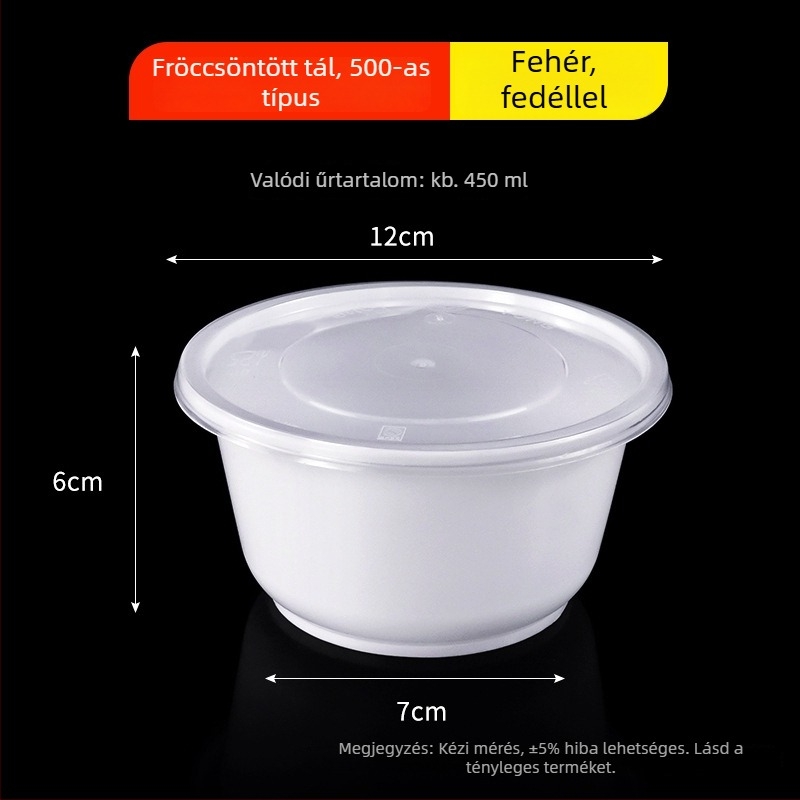 Kerek egyszer használatos tál PP-ből, tejfehér, átlátszó ételtartó, injekcióval formált, 300–900 ml, levesekhez és tésztafélékhez