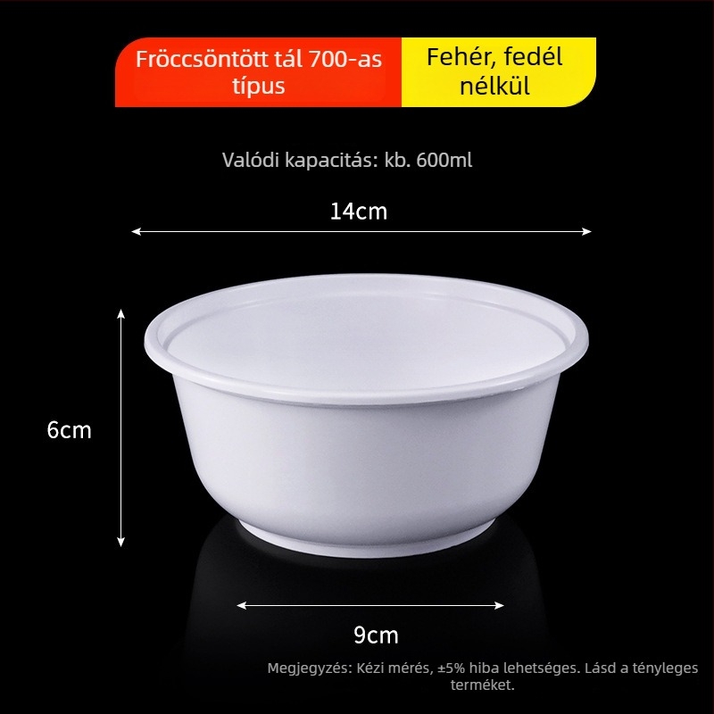 Kerek egyszer használatos tál PP-ből, tejfehér, átlátszó ételtartó, injekcióval formált, 300–900 ml, levesekhez és tésztafélékhez