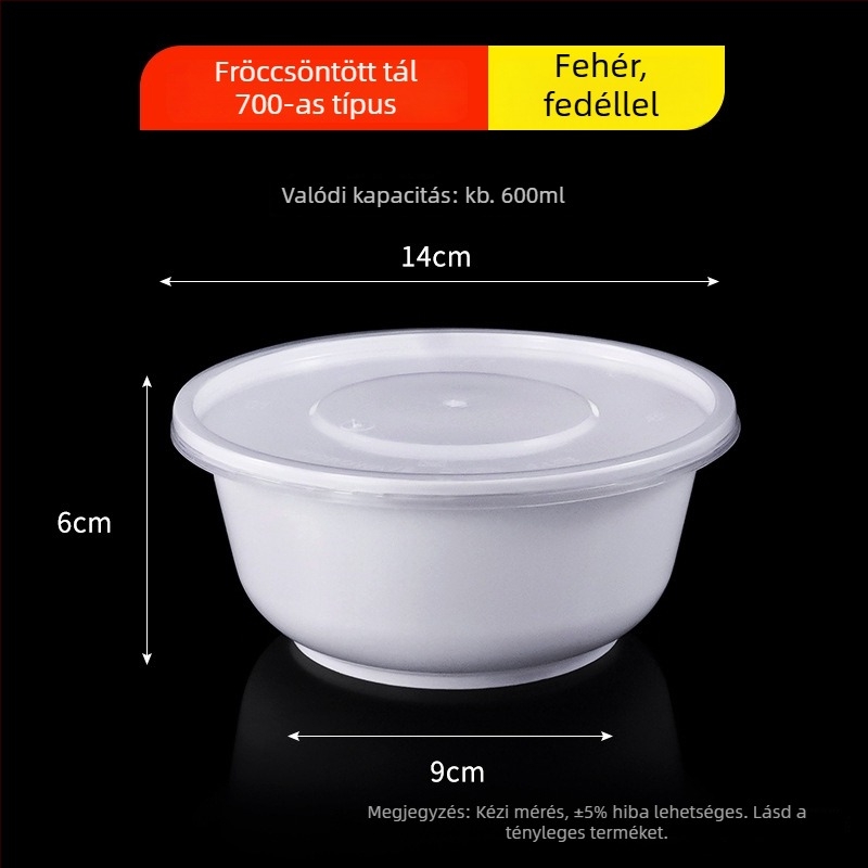 Kerek egyszer használatos tál PP-ből, tejfehér, átlátszó ételtartó, injekcióval formált, 300–900 ml, levesekhez és tésztafélékhez