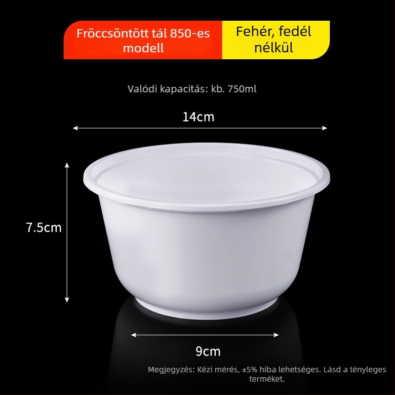 Kerek egyszer használatos tál PP-ből, tejfehér, átlátszó ételtartó, injekcióval formált, 300–900 ml, levesekhez és tésztafélékhez