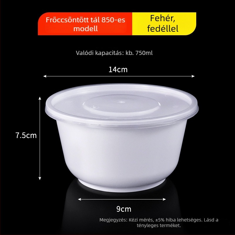 Kerek egyszer használatos tál PP-ből, tejfehér, átlátszó ételtartó, injekcióval formált, 300–900 ml, levesekhez és tésztafélékhez