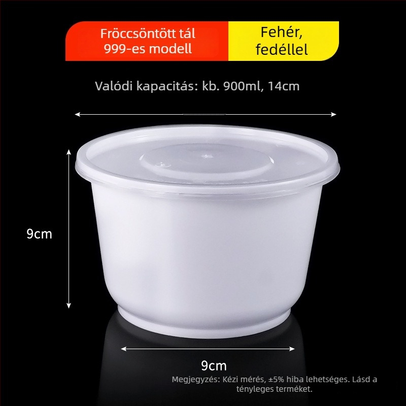 Kerek egyszer használatos tál PP-ből, tejfehér, átlátszó ételtartó, injekcióval formált, 300–900 ml, levesekhez és tésztafélékhez
