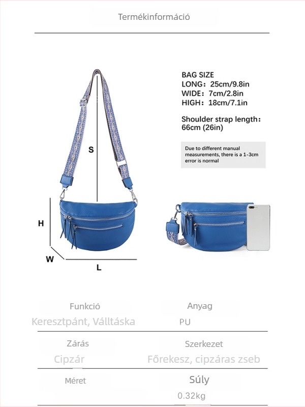 Női crossbody táska, nagy kapacitású rekeszekkel, cipzáros, etno mintázat, prémium szalaggal