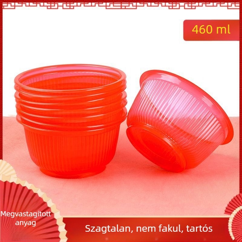 Egyszer használatos, vastag piros, átlátszó műanyag tál, élelmiszer-minőségű, étkezéshez, esküvőre és ünnepi alkalomokra