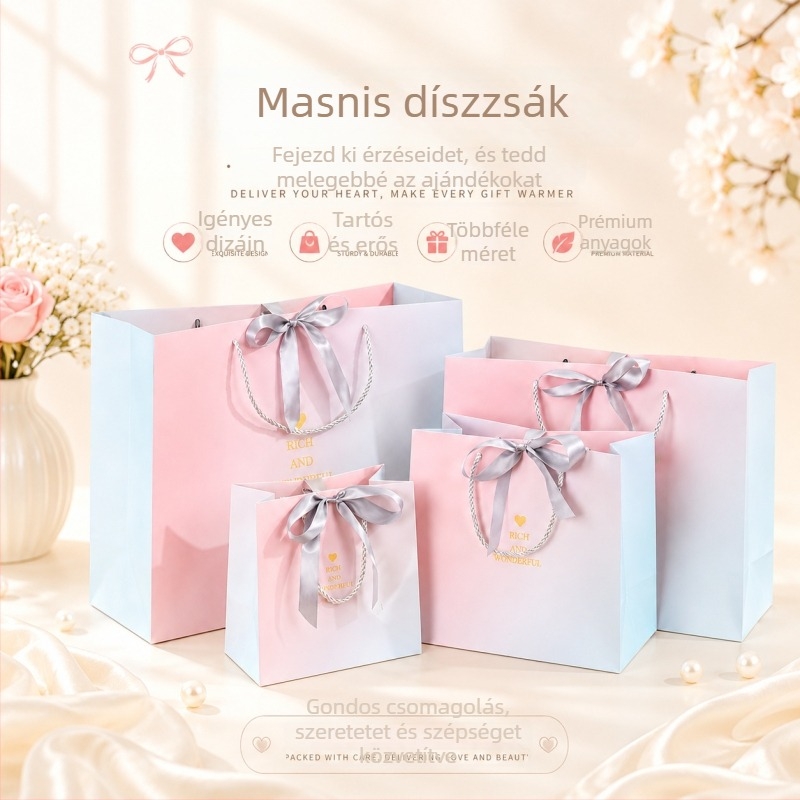 Gradient füstös rózsaszín Instagram-stílusú ajándéktáska, kis papírtáska, ruházati csomagolás, különböző méretek