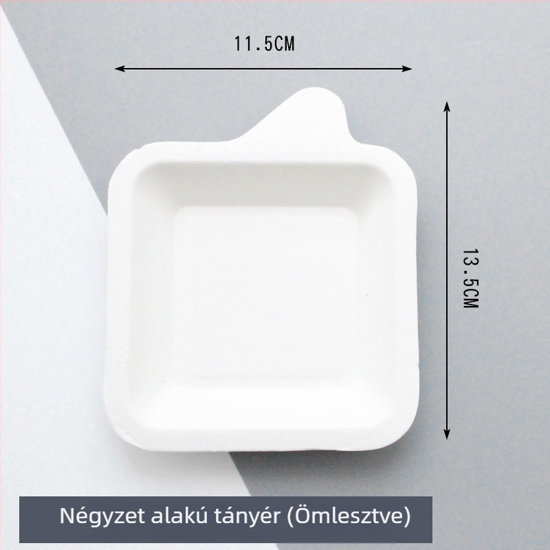 Biodegradálható egyszer használatos papírtányér; torta- és vacsoratányér, cellulózalapú desszert és porciózás száraz gyümölcsökhöz és teához; testreszabható.