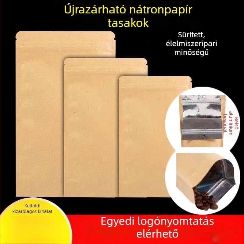 Vastagított alumínium-bevonatú kraftpapír zacskók sík alappal, víz- és nedvességállóak, élelmiszer-csomagoláshoz és teakezeléshez, önzáró kraftpapíros tasakok alumíniumfóliával