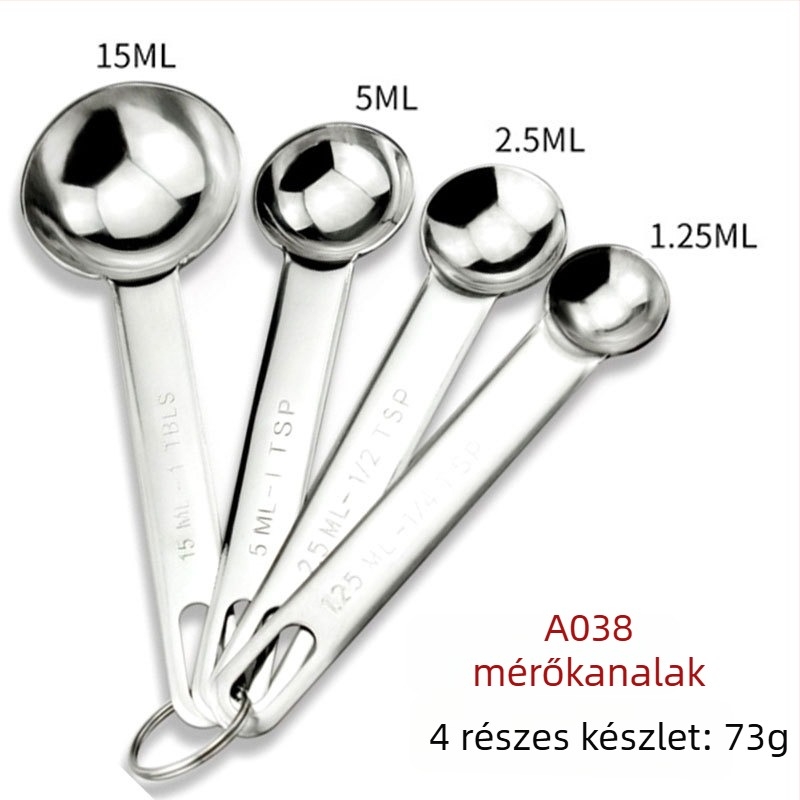 Rozsdamentes acél mérőedény és mérőkanál készlet kettős skálával, sütéshez, kávéhoz és fűszerezéshez