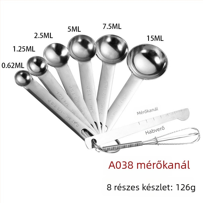 Rozsdamentes acél mérőedény és mérőkanál készlet kettős skálával, sütéshez, kávéhoz és fűszerezéshez