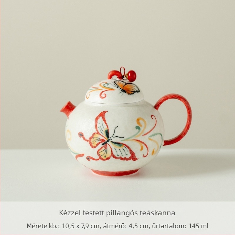 Kézzel festett kerámia teáskanna, kerek hasú testtel és tollmintás mintával, gaiwan-stílusú fedővel, otthoni teafőzéshez