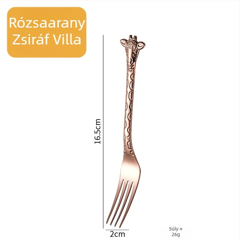 Zsiráf fejű kanál-villapáros arany színű rajzfilmes dizájnnal, 304 rozsdamentes acélból, kávékeverésre, desszertre és tortára