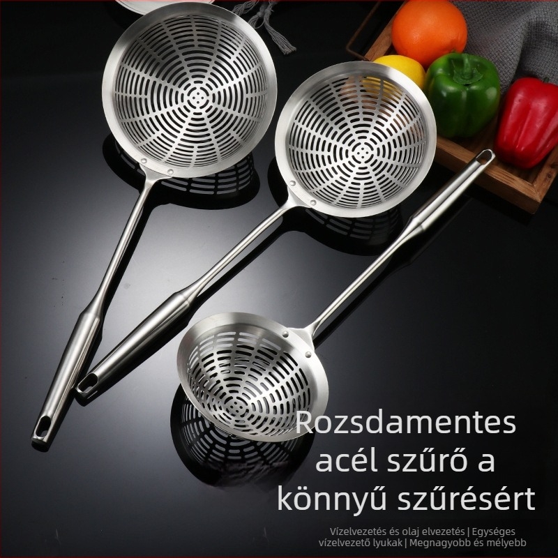 Professzionális 304 rozsdamentes acél szűrőkanál, perforált nagy fej a tészta és a sütéshez, olajszűrés, égés elleni fogantyú.