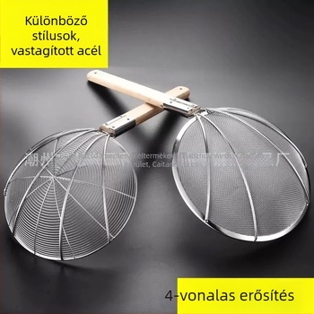 Nagy méretű rozsdamentes acél szűrőkanál finom hálóval és fa fogantyúval – sütéshez