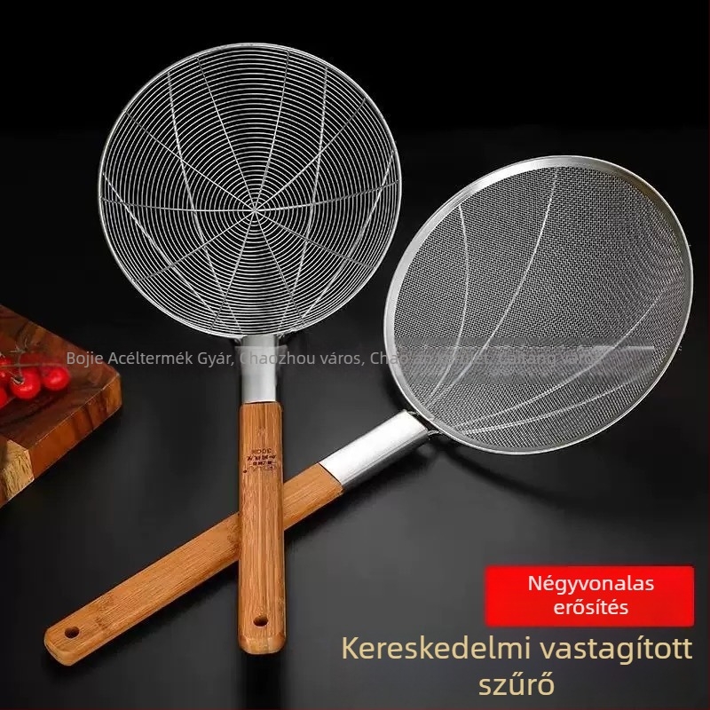 Nagy méretű rozsdamentes acél szűrőkanál finom hálóval és fa fogantyúval – sütéshez