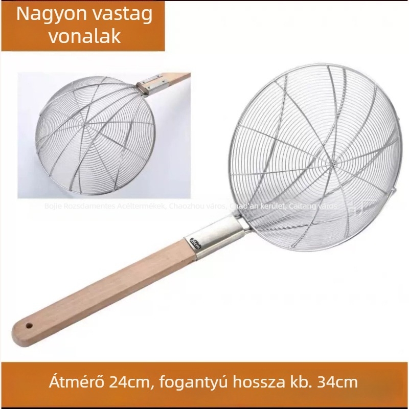 Nagy méretű rozsdamentes acél szűrőkanál finom hálóval és fa fogantyúval – sütéshez