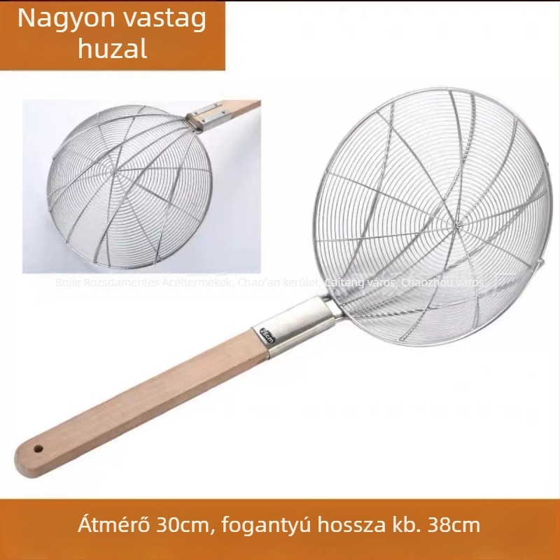 Nagy méretű rozsdamentes acél szűrőkanál finom hálóval és fa fogantyúval – sütéshez