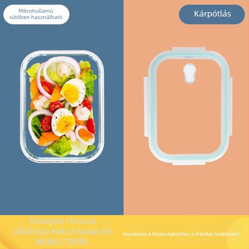 Mikrohullámú sütőben használható boroszilikát üveg ebédes doboz, dupla rekeszes, 800-1000 ml, frissen tart, hordozható