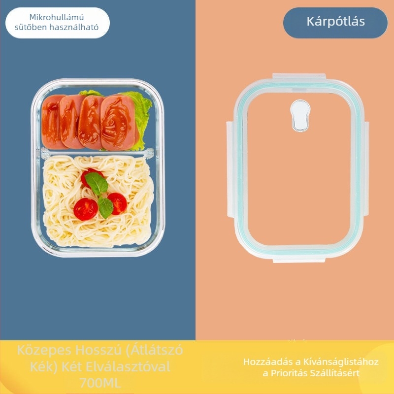Mikrohullámú sütőben használható boroszilikát üveg ebédes doboz, dupla rekeszes, 800-1000 ml, frissen tart, hordozható