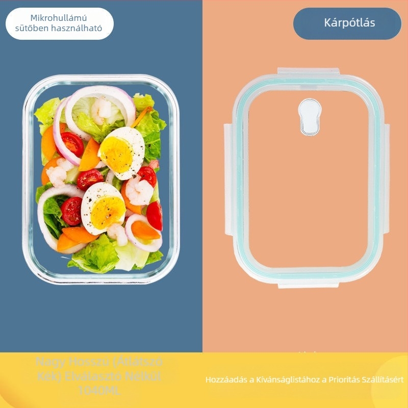 Mikrohullámú sütőben használható boroszilikát üveg ebédes doboz, dupla rekeszes, 800-1000 ml, frissen tart, hordozható