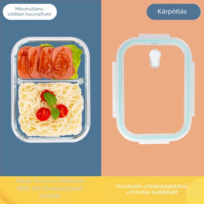 Mikrohullámú sütőben használható boroszilikát üveg ebédes doboz, dupla rekeszes, 800-1000 ml, frissen tart, hordozható