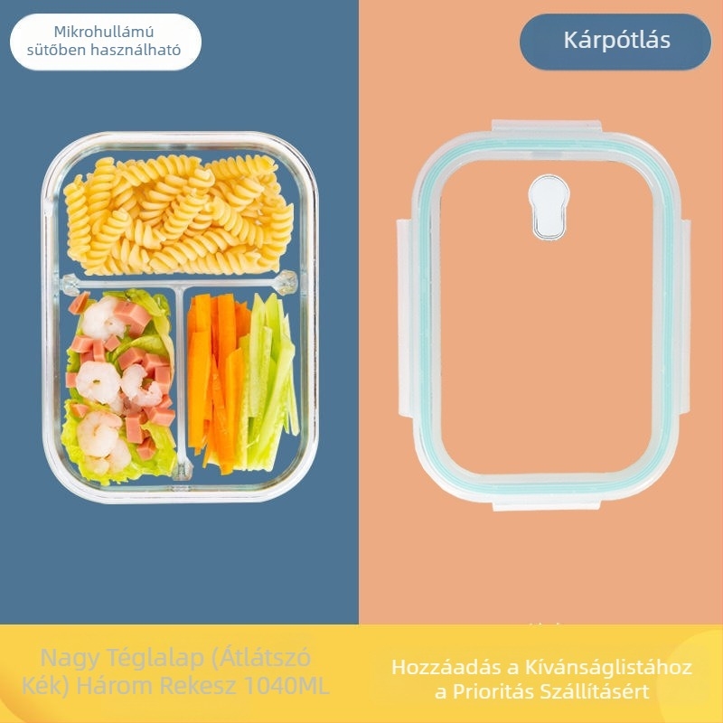 Mikrohullámú sütőben használható boroszilikát üveg ebédes doboz, dupla rekeszes, 800-1000 ml, frissen tart, hordozható
