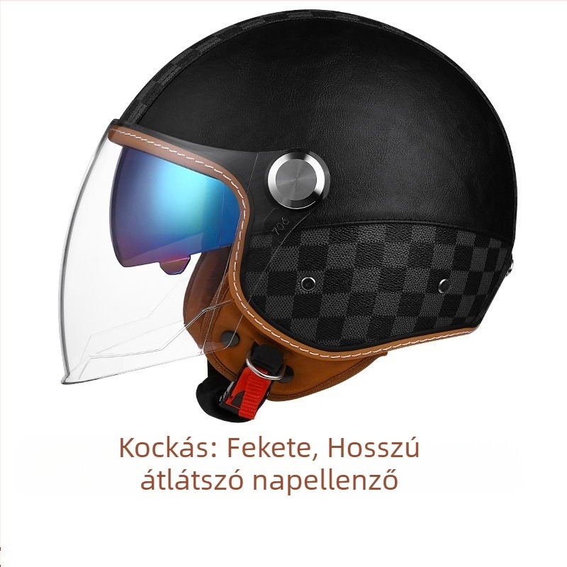 3C-tanúsítvánnyal rendelkező retro bőrsisak motorkerékpárhoz Bluetooth-tal, uniszex fél sisak kettős szemüveggel, ABS