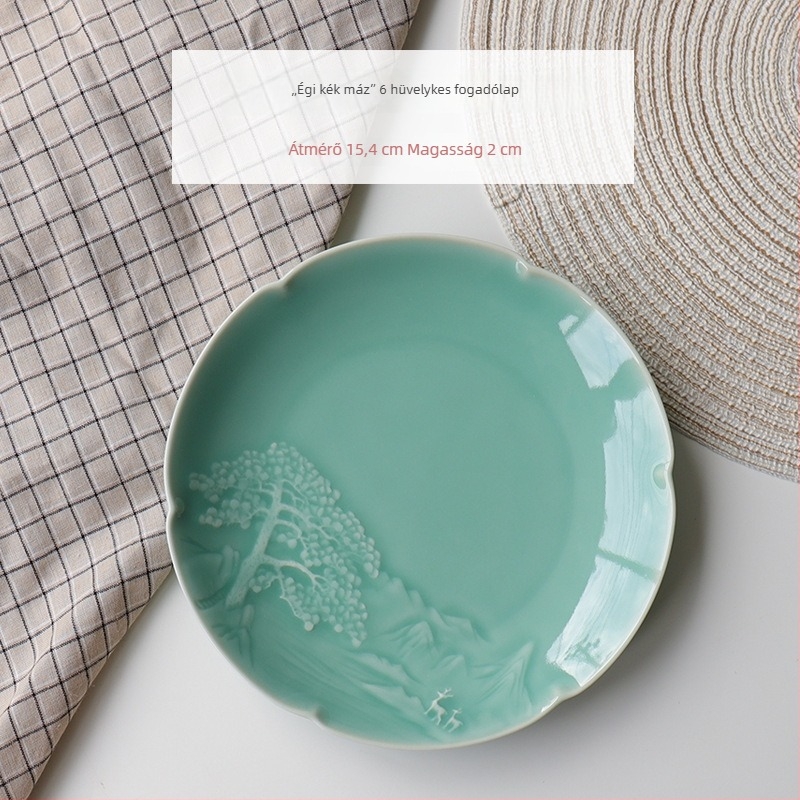 Kínai stílusú porcelán kerek étkészlet, celadon máz, mély leveses tál