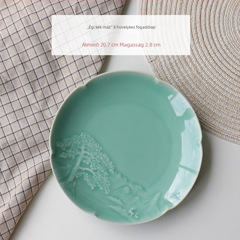Kínai stílusú porcelán kerek étkészlet, celadon máz, mély leveses tál