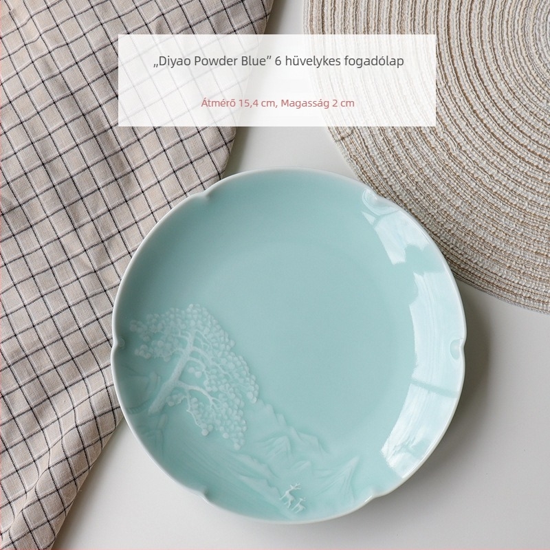 Kínai stílusú porcelán kerek étkészlet, celadon máz, mély leveses tál