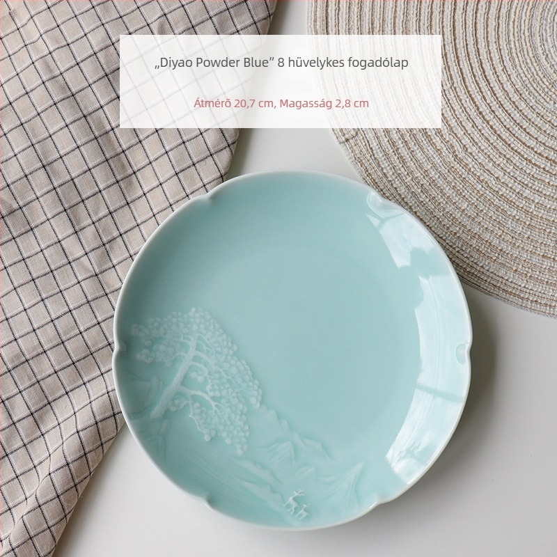 Kínai stílusú porcelán kerek étkészlet, celadon máz, mély leveses tál